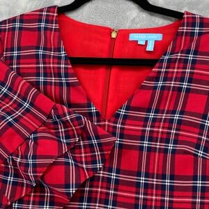 Draper James Red Plaid V-Neck Shift Dress Size 4 Tiered Ruffle Bell Sleeves